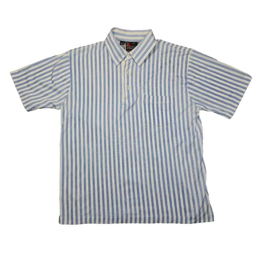 Vintage Robert Bruce Striped Polo Shirt Mens Large White Blue Cotton Blend